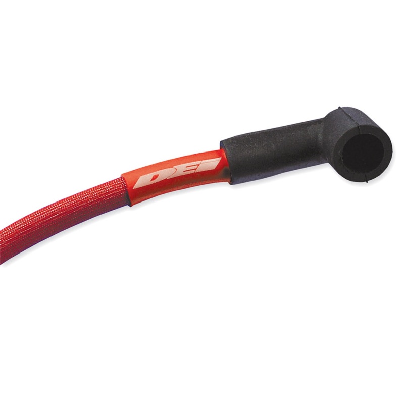 Red Protect-a-Wire kit featuring a flexible wire with a black rubber boot at one end, designed for 8-cylinder applications, showcasing durable construction and heat resistance.