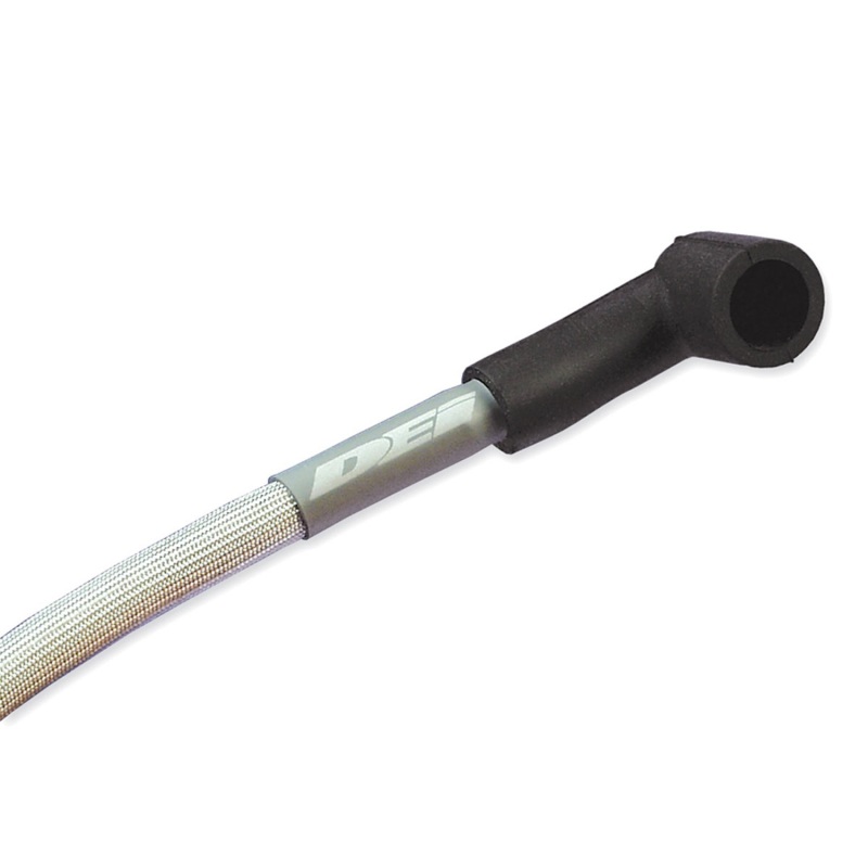 Silver protective wire sleeve with a black rubber end, designed for 8-cylinder applications, featuring a durable woven exterior for heat resistance.