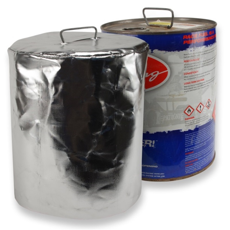 Reflective silver fuel can cover designed for a 5-gallon metal can, featuring a round shape and a sturdy handle on top for easy handling.