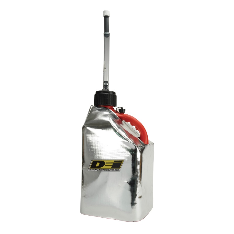 Reflective silver plastic fuel jug cover designed for 5-gallon square jugs, featuring a black cap, red handle, and a clear spout for easy pouring.