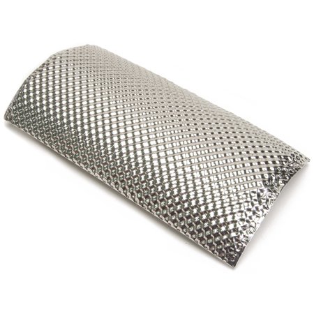 Shiny stainless steel insulated pipe shield with a textured surface, measuring 8.5 inches by 4.5 inches, designed for heat protection and durability.