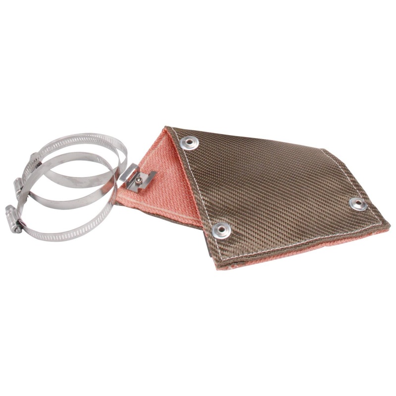 Titanium exhaust pipe heat shield in a rectangular shape, featuring a metallic bronze exterior, orange interior, and includes two stainless steel clamps for secure installation.
