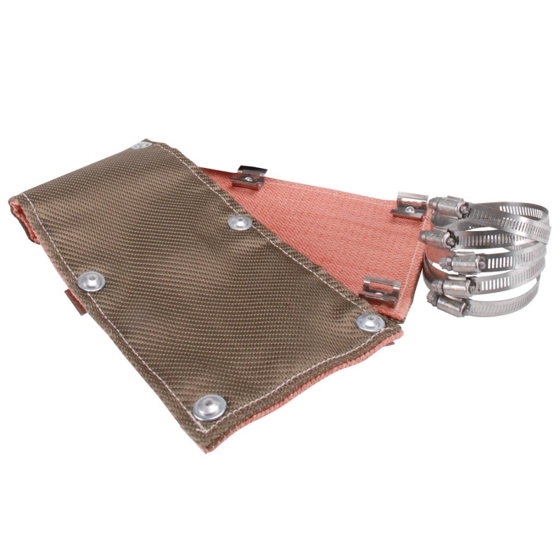 Titanium exhaust heat pipe shield measuring 2 ft. x 6 in., featuring a brown and orange fabric exterior, reinforced with metal snaps and accompanied by two metal clamps.