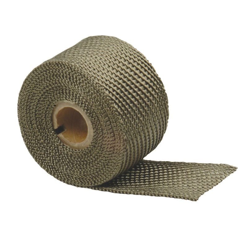 Titanium exhaust wrap in a roll, measuring 2 inches wide and 25 feet long, featuring a woven, metallic grey texture designed for heat insulation.