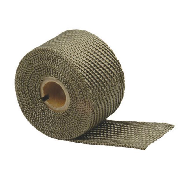 Titanium exhaust wrap in a roll, measuring 2 inches wide and 35 feet long, featuring a metallic grey color and a woven texture for heat resistance.