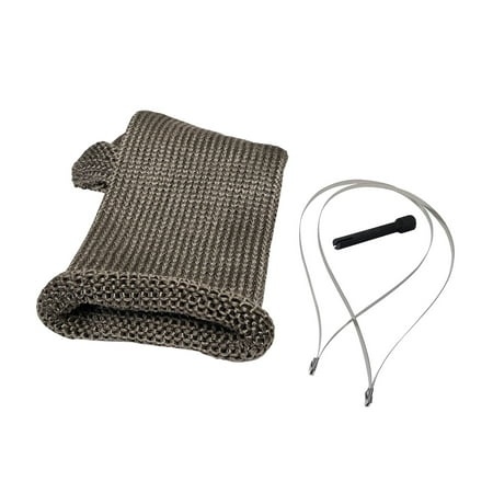 Exhaust system wrap kit in a textured brown material, featuring a roll of wrap, two stainless steel ties, and a mounting tool for easy installation.