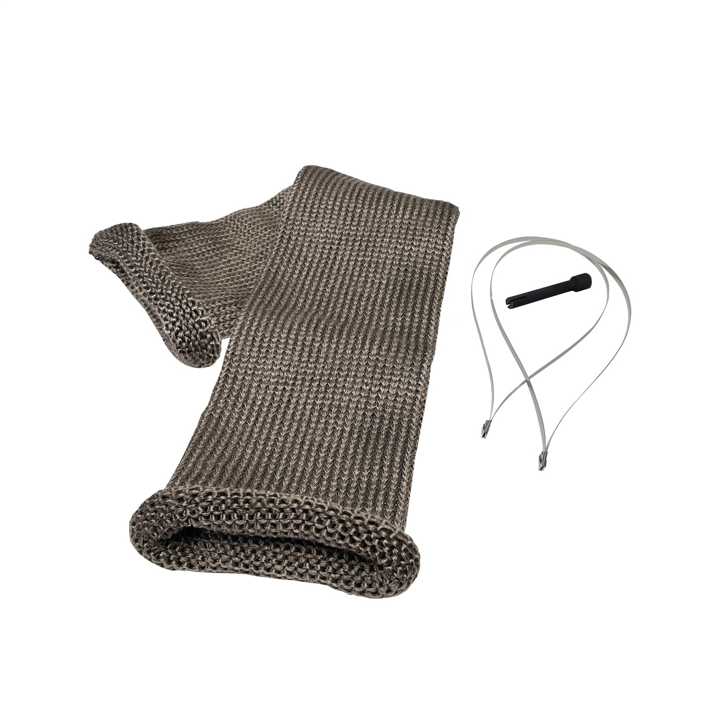 Exhaust system wrap kit in a brown, woven material with a textured finish, includes two fastening ties and a tool for installation.
