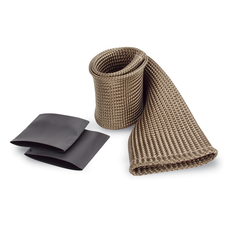 Titanium-colored, woven protective sleeve measuring 2 inches in diameter and 36 inches long, accompanied by two black rubber end caps.
