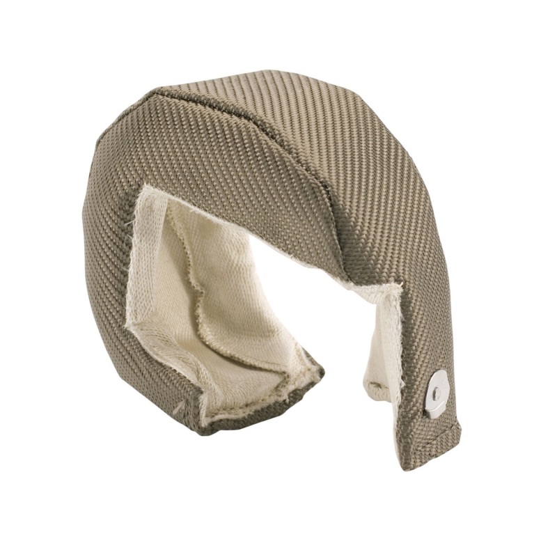 Titanium-colored turbo shield with a textured exterior and a soft inner lining, designed to fit T25-T28 turbochargers, featuring a secure fastening button.