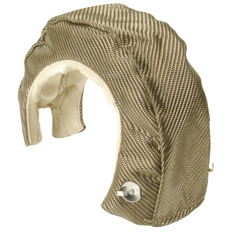 Titanium-colored turbo blanket with a textured surface, designed for T4 custom fit, measuring 22 x 2.75 inches, featuring a secure fastening and heat-resistant material.