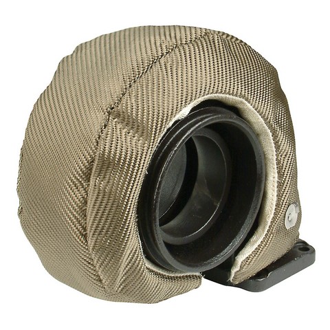 T5 Titanium Turbo Shield in a tan, textured fabric covering, designed to insulate turbochargers, featuring a black circular opening and a metal attachment point.