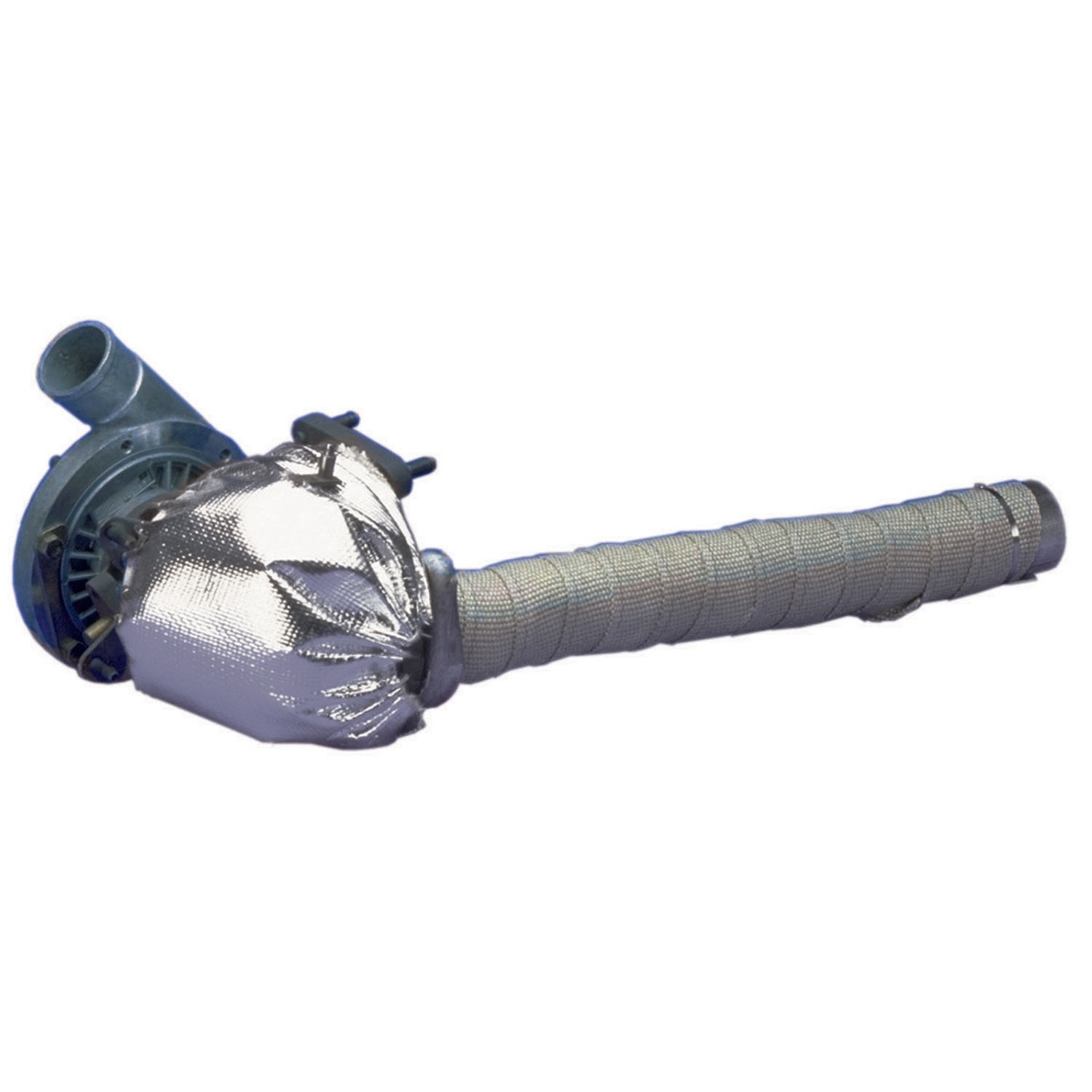 Universal DEI Turbo Shield Kit featuring a metallic silver heat shield with a woven sleeve, designed to protect turbochargers from heat damage.