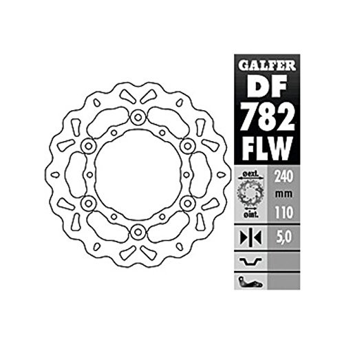 Galfer Standard Floating Wave Rear Brake Rotor in silver, featuring a wavy design, 240 mm diameter, and 110 mm bolt pattern, labeled DF782FLW.