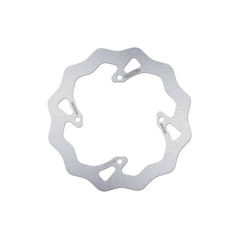 Galfer Wave rear brake disc, model DF833W, features a wavy design, made of silver stainless steel, with multiple cutouts for lightweight performance, suitable for TM MX 85 Junior 2002-2012.