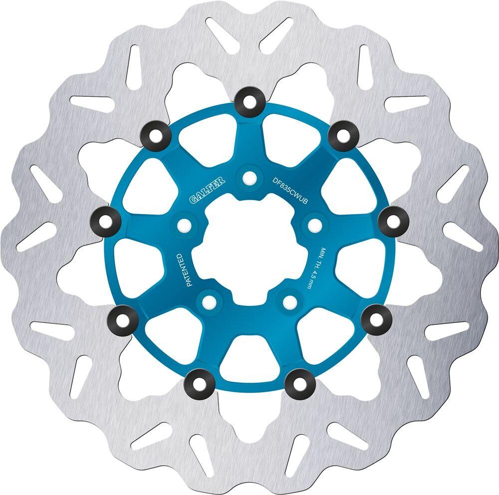 Galfer Wave Brake Disc featuring a silver stainless steel surface with a blue anodized aluminum center, designed for Harley Davidson FLD 1690 models from 2012-2013.