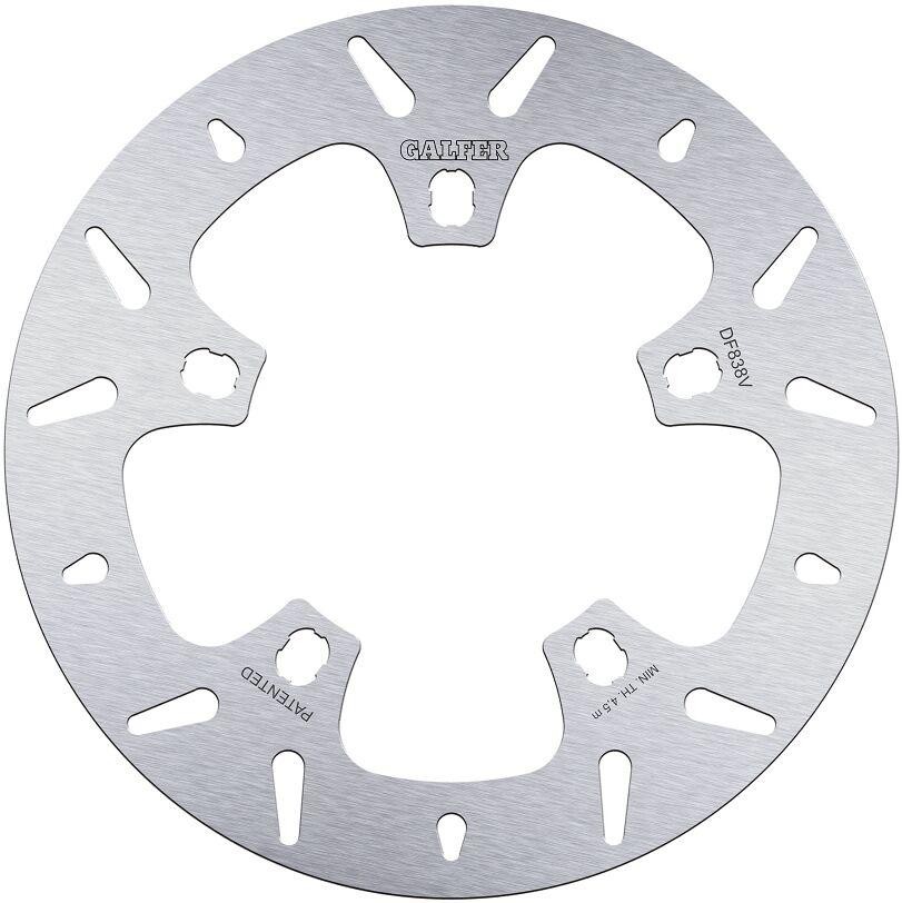 Galfer DF838V fixed round front brake disc, featuring a silver stainless steel finish, with multiple cutouts and bolt holes, designed for Harley Davidson FXSE 1800 models from 2016-2017.
