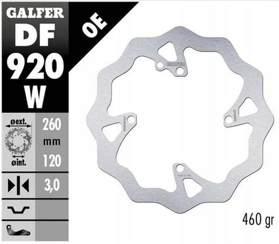 Galfer Wave Front Brake Disc DF920W, featuring a stainless steel construction, wave design, 260 mm diameter, and 120 mm mounting pattern, suitable for Sherco SE-R 300 (2014-2022).
