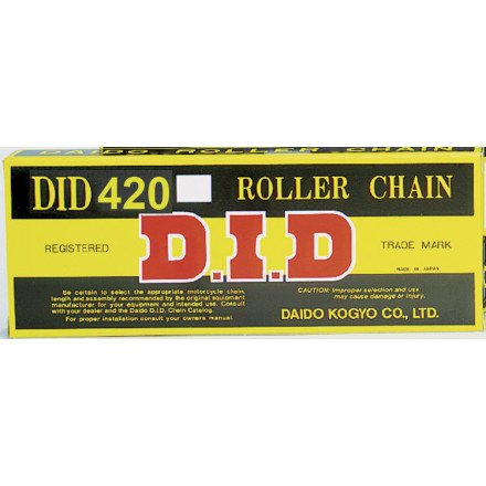 Yellow and black packaging for the DID 420D-120 roller chain, featuring bold red "D.I.D" logo, product details, and cautionary information, indicating it's made in Japan.
