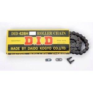 Black heavy-duty roller chain with 120 links, packaged in a yellow box labeled "D.I.D 428H," featuring a durable metal construction and additional connecting links included.