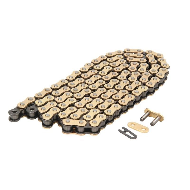 Black and gold D.I.D 520DZ2 drive chain featuring metal links, with a connecting link and pin included, designed for durability and performance in motorcycles.