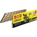 Gold motorcycle chain with a distinctive design, packaged in a yellow box featuring black graphics and text, highlighting its professional quality and model number.