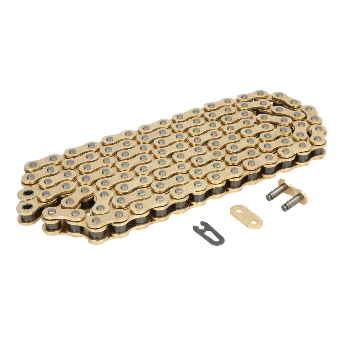 Gold-colored D.I.D 520ERT3 drive chain with multiple links, featuring a sturdy metal construction and included connecting links for easy installation.