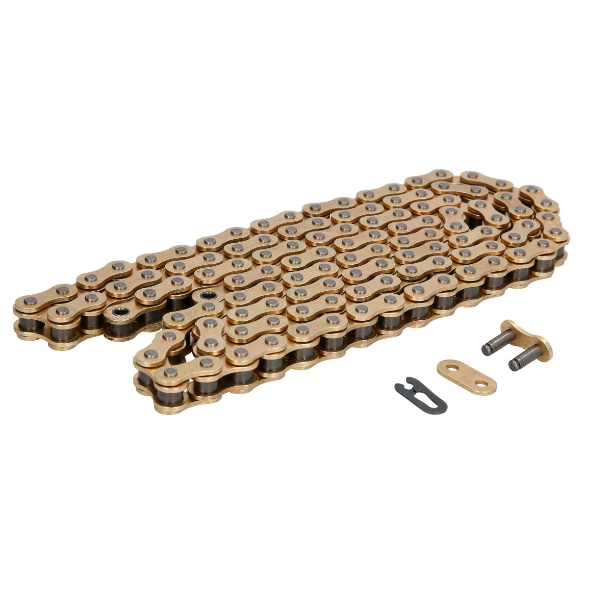 Gold and black D.I.D 520ERT3 drive chain with multiple links, featuring a connecting link and clip, designed for durability and performance in motorcycles.