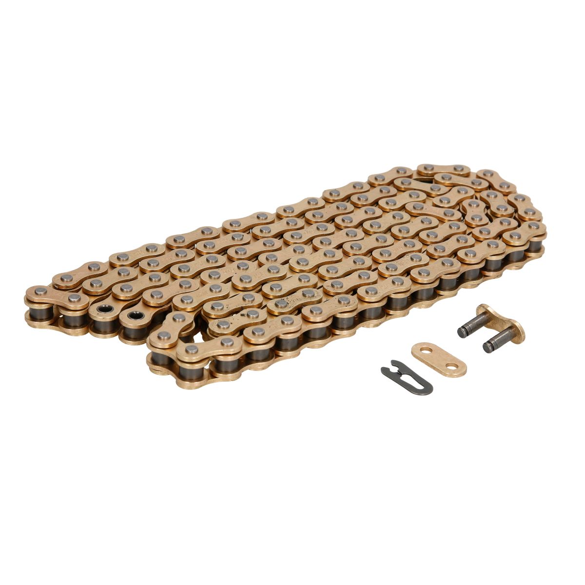Gold and black D.I.D 520ERT3 drive chain with multiple links, featuring a connecting link and clip, designed for durability and performance in motorcycles.