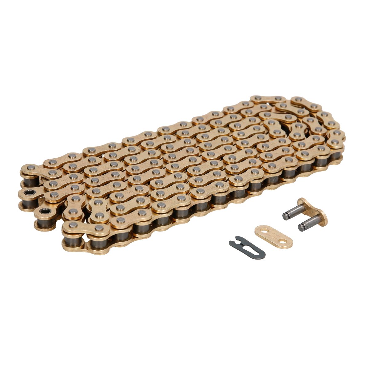 Gold and black D.I.D 520ERT3 drive chain with multiple links, featuring a connecting link and clip, designed for durability and performance in motorcycles.