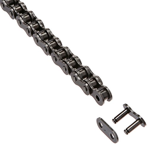 Black metal drive chain with multiple links and a connecting link included, designed for durability and performance in motorcycles or similar vehicles.