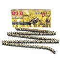 Gold and black D.I.D 520VX2 Series Pro-Street X-Ring Chain displayed alongside its packaging, highlighting its durable metal construction and distinctive X-ring design.