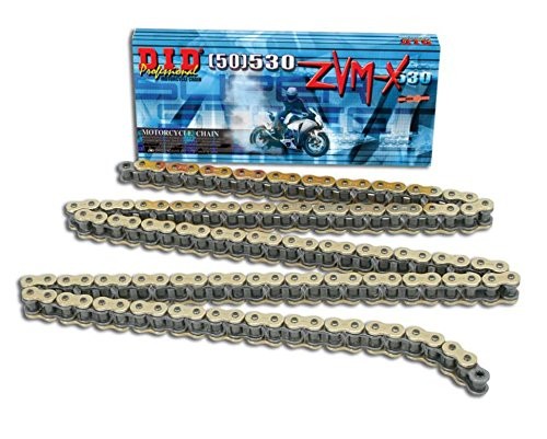 Silver motorcycle drive chain with gold and silver links, featuring a sturdy design, packaged in a blue and white box labeled "D.I.D 520ZVM-X" with a motorcycle graphic.