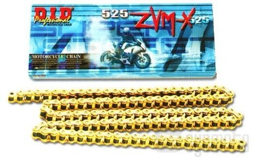 Gold-colored motorcycle chain with a glossy finish, featuring a box labeled "D.I.D 525 ZVMX" and an action image of a motorcycle rider in the background.
