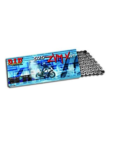 D.I.D. 525ZVMX-116 motorcycle chain in a silver metal finish, featuring a sleek design and packaged in a colorful box with a motorcycle graphic and product details.