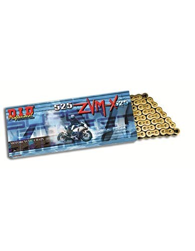 D.I.D 525ZVM-X Drive Chain in gold color, featuring a robust design, packaged in a blue box with a motorcycle graphic and product details prominently displayed.