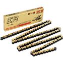 Super heavy-duty motorcycle chain with 110 links, featuring a gold and black color scheme, made from durable metal, packaged in a branded yellow box with a graphic design.