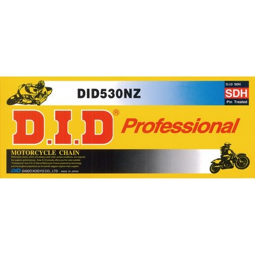 Yellow packaging featuring "D.I.D Professional" in bold red text, showcasing the "DID 530NZ Super Heavy Duty Motorcycle Chain" with a graphic of a motorcycle, emphasizing durability and quality.