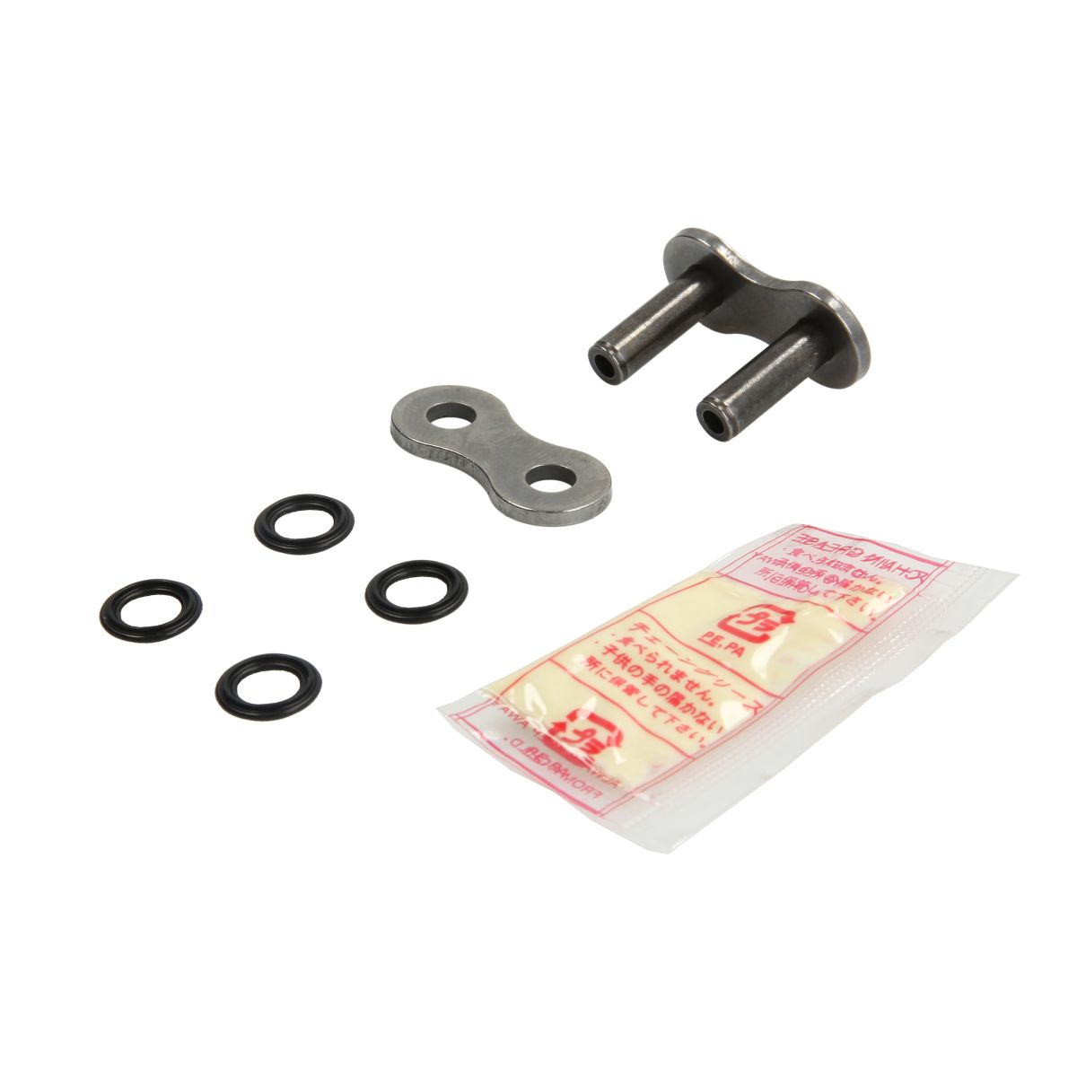D.I.D 520VX3 X-Ring rivet link in silver metal, featuring two cylindrical pins, four black rubber O-rings, and a small packet of grease for installation.