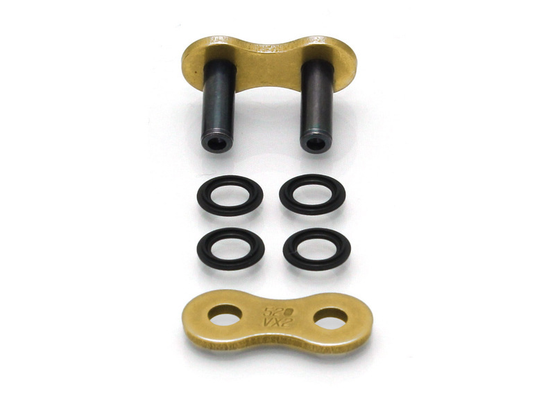 D.I.D 525VX3 X-Ring Rivet Link features a gold-colored metal link with two black steel pins and four black rubber O-rings, designed for motorcycle chains.