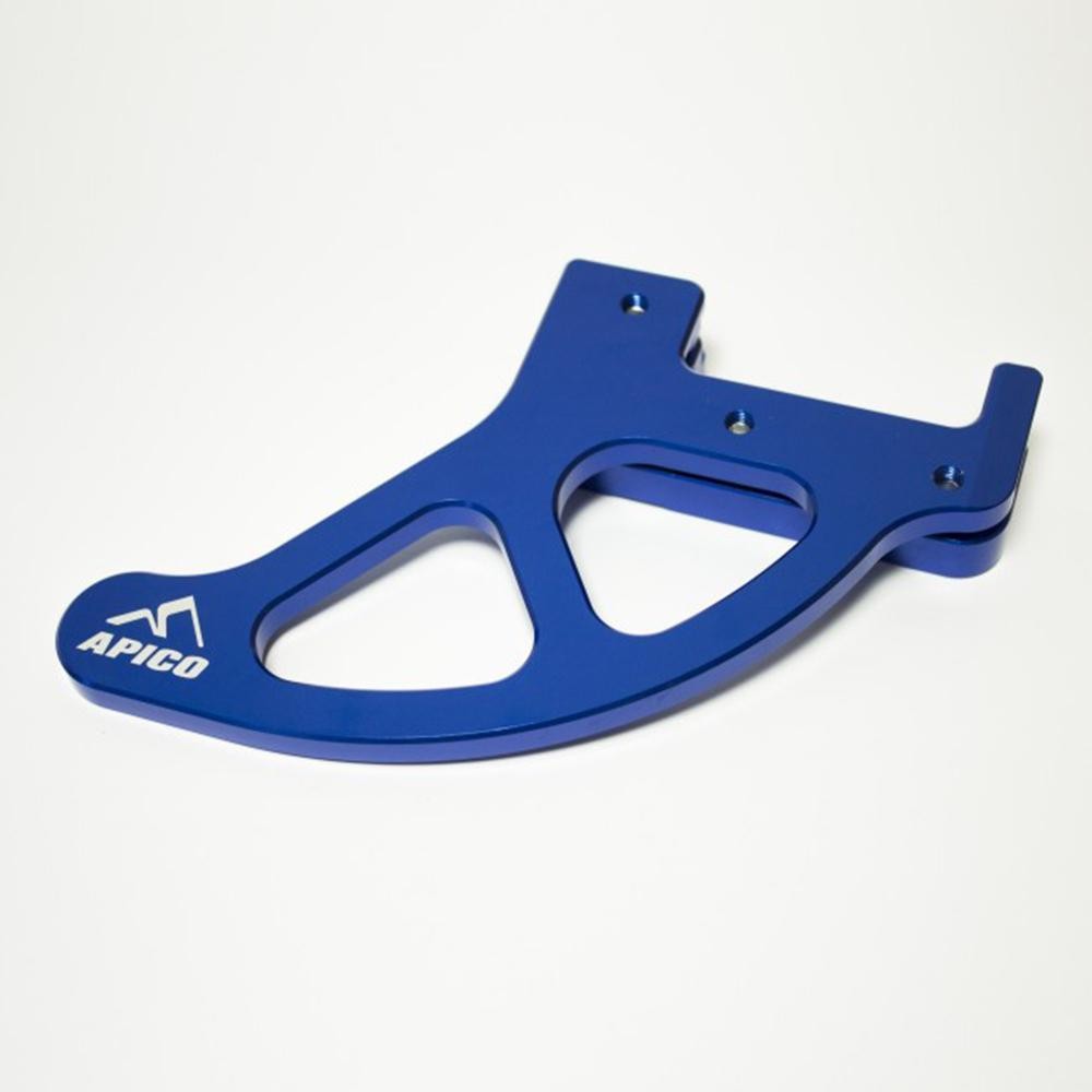 Blue aluminum rear brake disc guard featuring a cut-out design and the "APICO" logo, compatible with various KTM and Husqvarna models from 2004 to 2023.