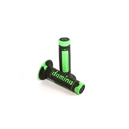 Black and green dual compound off-road grips featuring a full diamond texture and "Domino" branding, designed for enhanced grip and control.