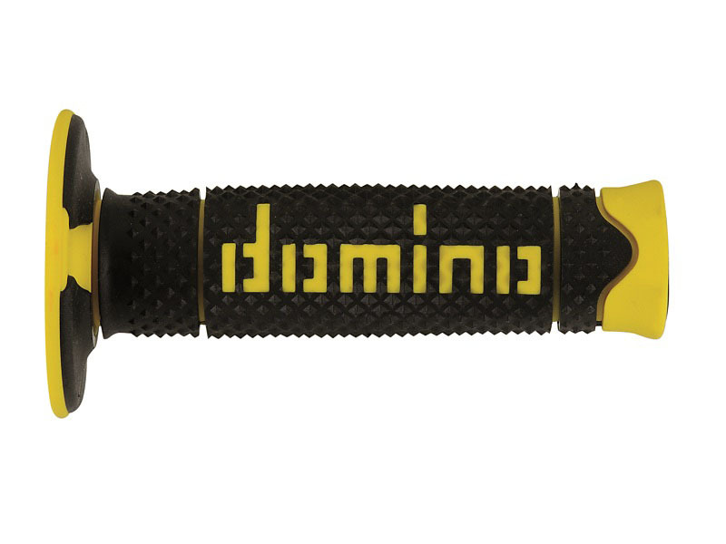 Black rubber grip with full diamond texture, featuring a prominent yellow "Domino" logo and yellow accents on the ends for enhanced grip and control in off-road conditions.
