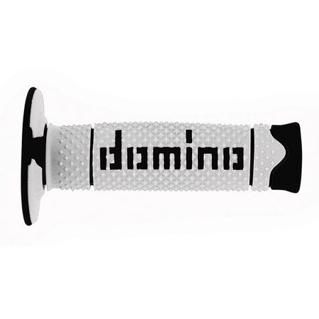 White off-road dual compound grip with a full diamond texture and black accents, featuring the "Domino" logo prominently displayed.