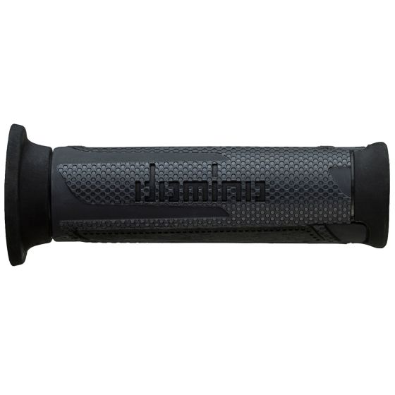Anthracite and black open-ended motorcycle grips by Domino, featuring a textured surface for enhanced grip and a sleek, modern design.