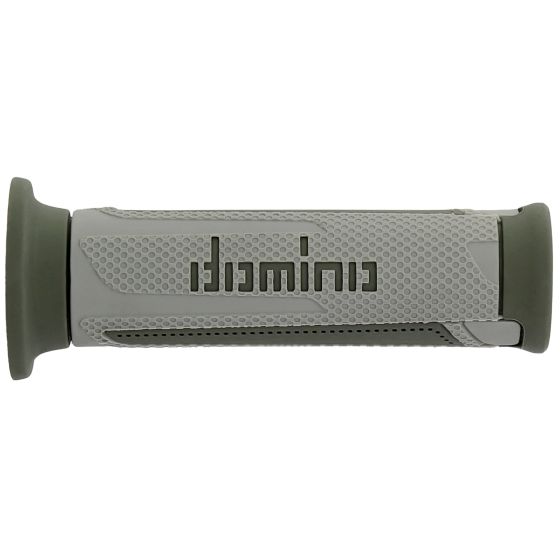 Grey and green open-ended motorcycle grips featuring a textured surface and the "Domino" logo, designed for enhanced grip and comfort.