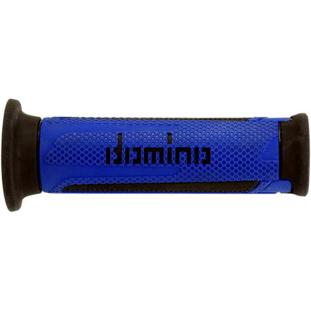 Blue rubber touring grip with textured surface and black end caps, featuring the "Domino" logo prominently displayed on the side.