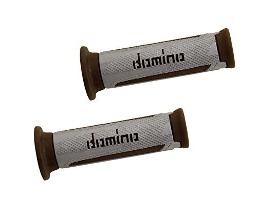 Gray rubber touring grips with textured surface and brown end caps, featuring the "Domino" logo prominently displayed on the side.