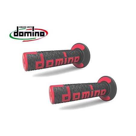 Black ergonomic off-road grips with textured surface and red accents, featuring "Domino" branding prominently on each grip.