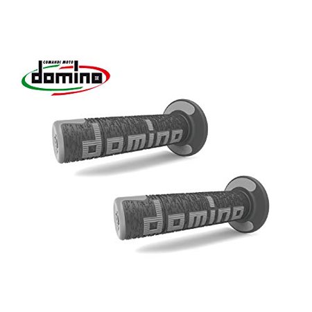 Ergonomic off-road grips in black and grey with textured surfaces and the "Domino" logo, designed for comfort and control.