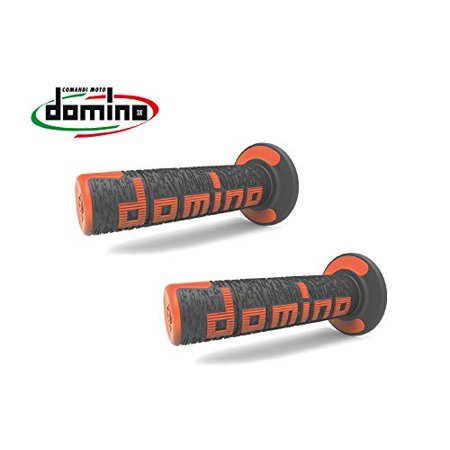 Orange and black MX off-road grips by Domino, featuring textured rubber for enhanced grip, with the brand name prominently displayed in orange on the sides.